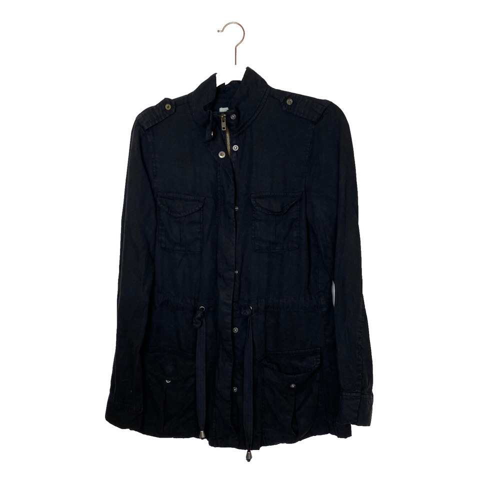 Elan Utility Jacket Sz S Tencel Tie Waist Military-Style Zip Lightweight Black